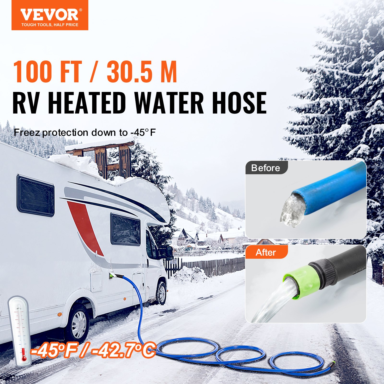 VEVOR 100ft Heated Water Hose for RV, Heated Drinking Water Hose Antifreeze to -45°F, Automatic Self-regulating, 5/8" I.D. with Quick-connect Fitting Set, Lead and BPA Free