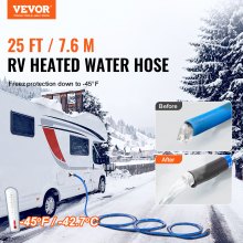 VEVOR Tuyau d'eau chauffant de 7,6 m pour camping-car, tuyau d'eau potable chauffant antigel jusqu'à -45 °F, autorégulation automatique, diamètre intérieur de 5/8" avec adaptateur GHT de 3/4", sans plomb et sans BPA