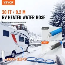 VEVOR 30ft Heated Water Hose for RV, Heated Drinking Water Hose Antifreeze to -45°F, Automatic Self-regulating, 5/8" I.D. with 3/4" GHT Adapter, Lead and BPA Free