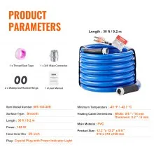 VEVOR 30ft Heated Water Hose for RV, Heated Drinking Water Hose Antifreeze to -45°F, Automatic Self-regulating, 5/8" I.D. with 3/4" GHT Adapter, Lead and BPA Free