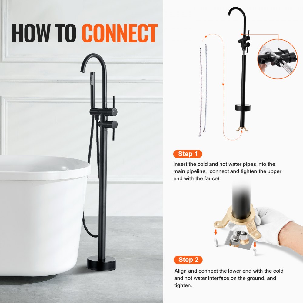 how to connect VEVOR freestanding bathtub faucet with steps and visual instructions for setup.