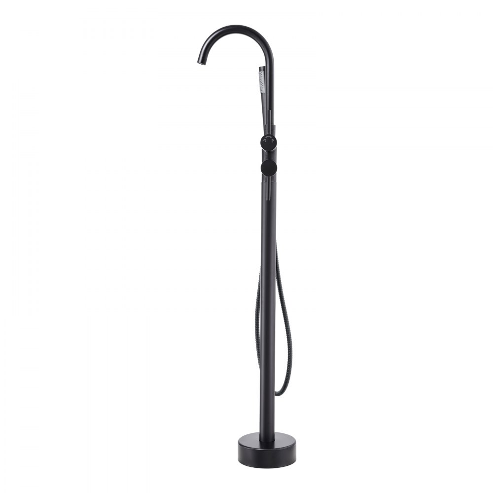 black VEVOR freestanding bathtub faucet with curved spout and handheld shower attachment.