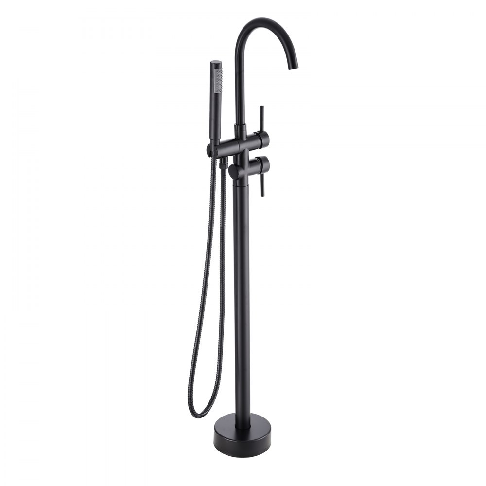 VEVOR freestanding bathtub faucet in matte black with hand shower and single-handle design.