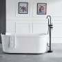 modern bathroom with a white free-standing bathtub, VEVOR freestanding bathtub faucet, and two framed artworks.
