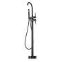 black VEVOR freestanding bathtub faucet with modern design and handheld shower attachment.