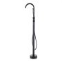 black VEVOR freestanding bathtub faucet with curved spout and handheld shower attachment.
