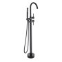 VEVOR freestanding bathtub faucet in matte black with hand shower and single-handle design.