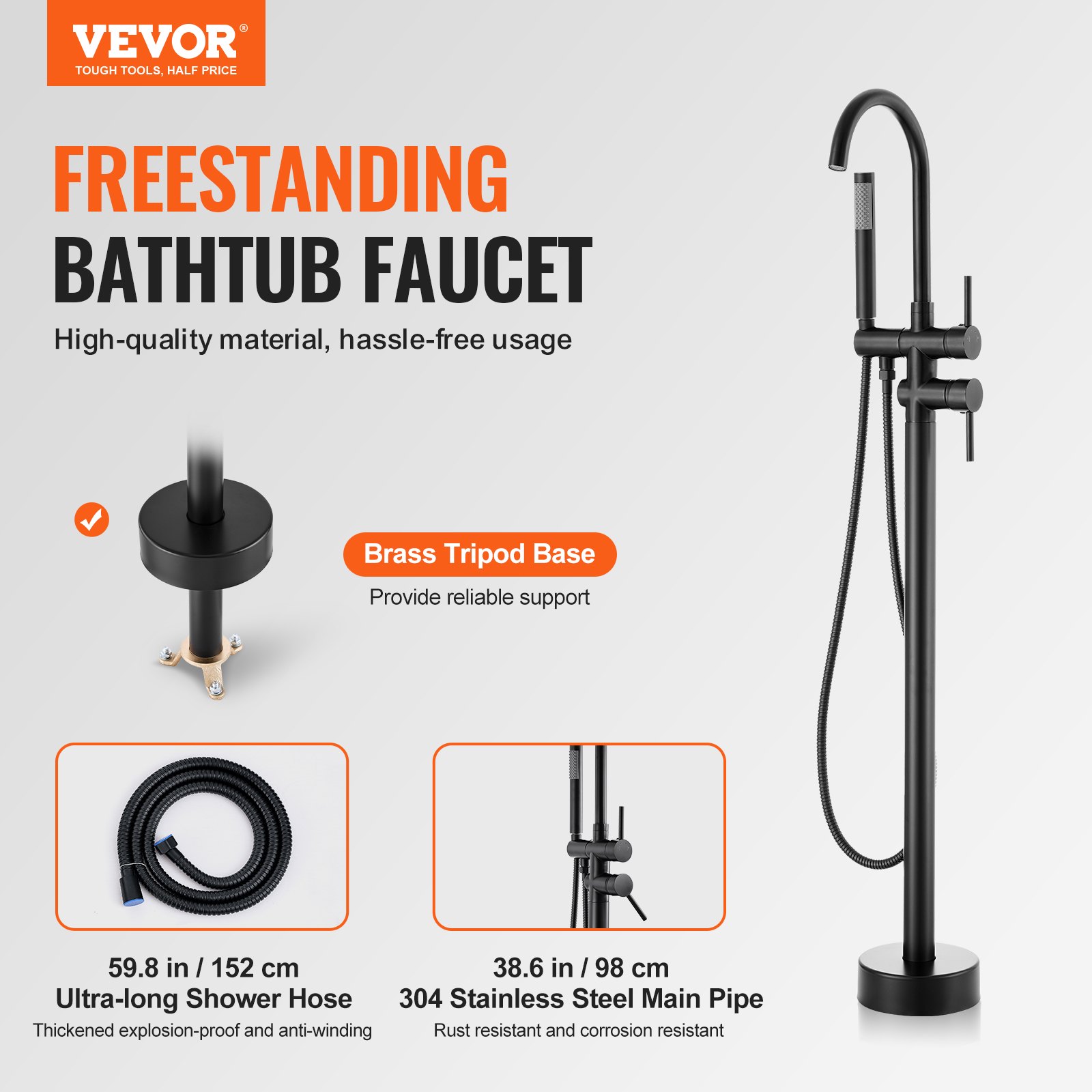 VEVOR freestanding bathtub faucet with brass tripod base, ultra-long shower hose, and stainless steel pipe.