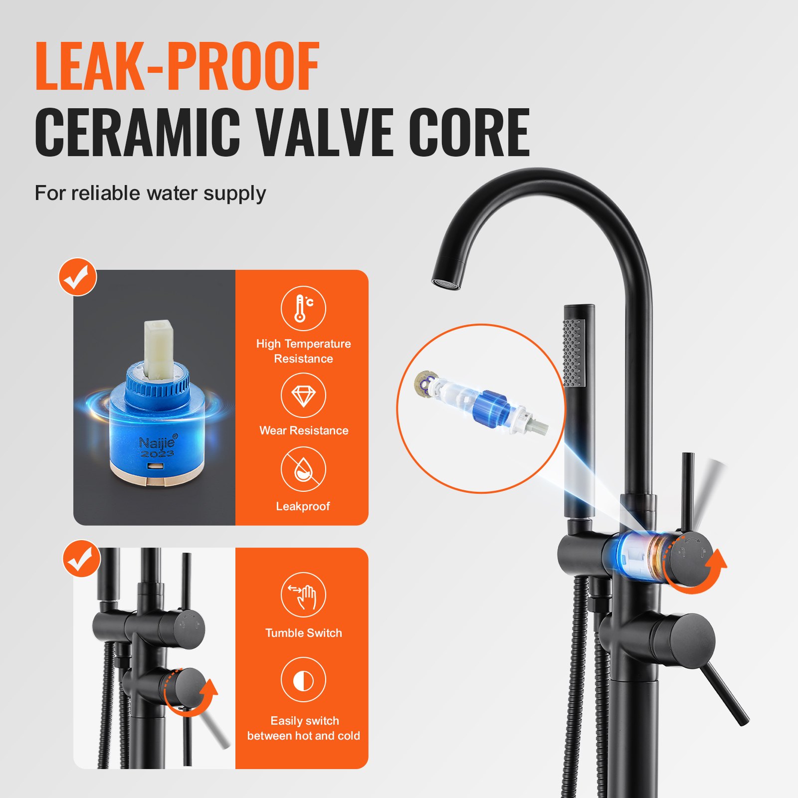 VEVOR freestanding bathtub faucet with leak-proof ceramic valve core for reliable water supply.