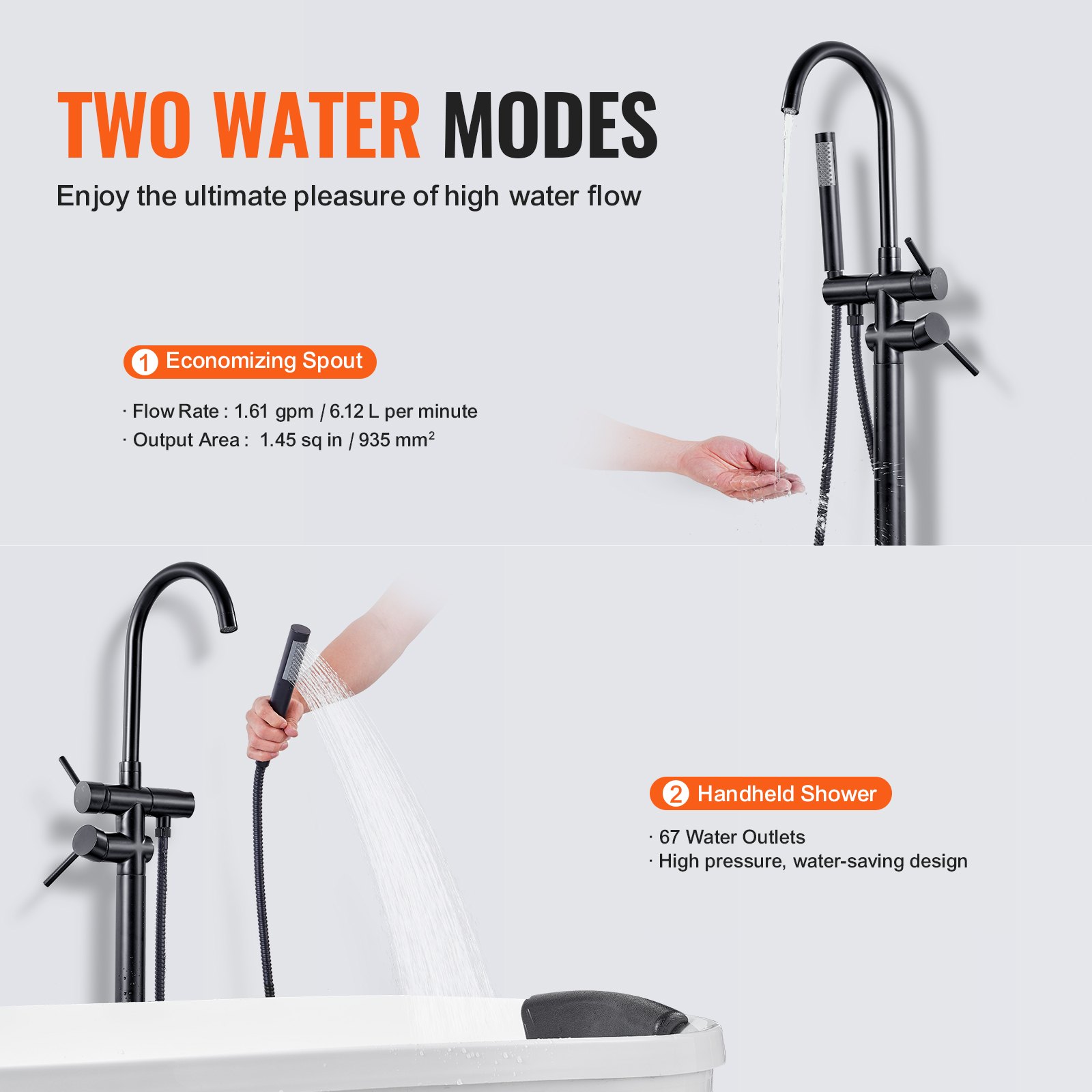 VEVOR faucet with two water modes: economizing spout and handheld shower.