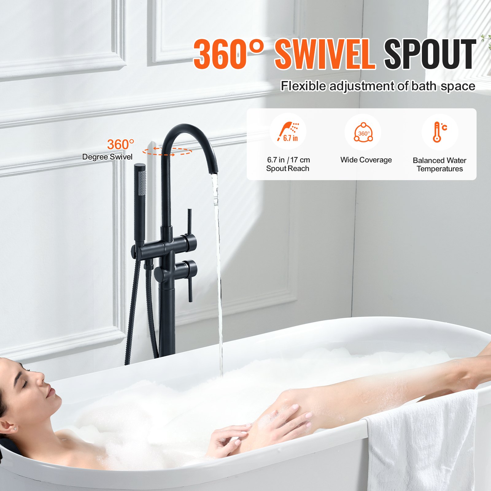 VEVOR freestanding bathtub faucet with 360° swivel spout in modern bathroom setting.