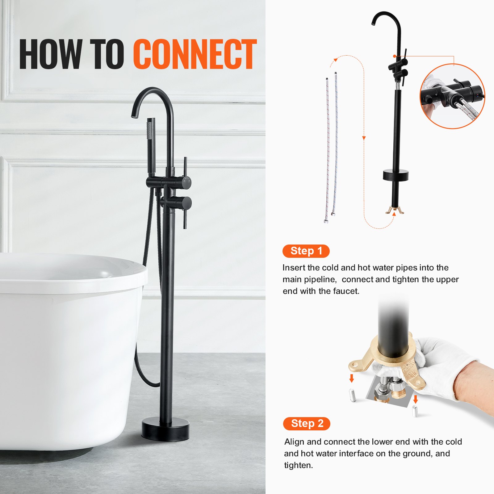how to connect VEVOR freestanding bathtub faucet with steps and visual instructions for setup.