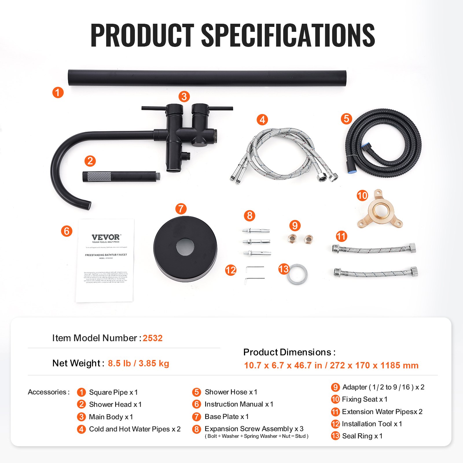 VEVOR freestanding bathtub faucet with parts labeled, including hoses, manuals, and hardware.