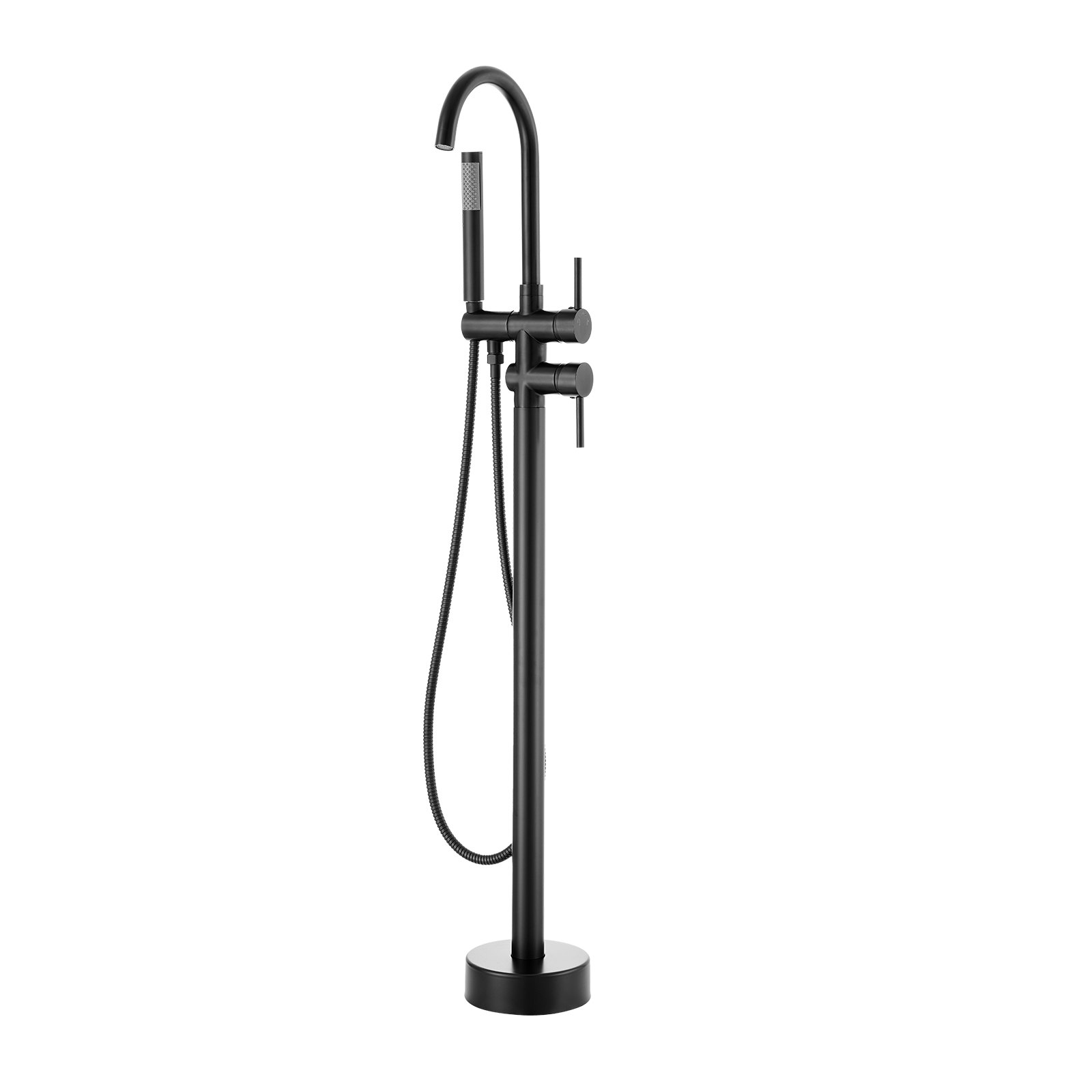 VEVOR freestanding bathtub faucet in matte black finish with handheld shower and single handle controls.