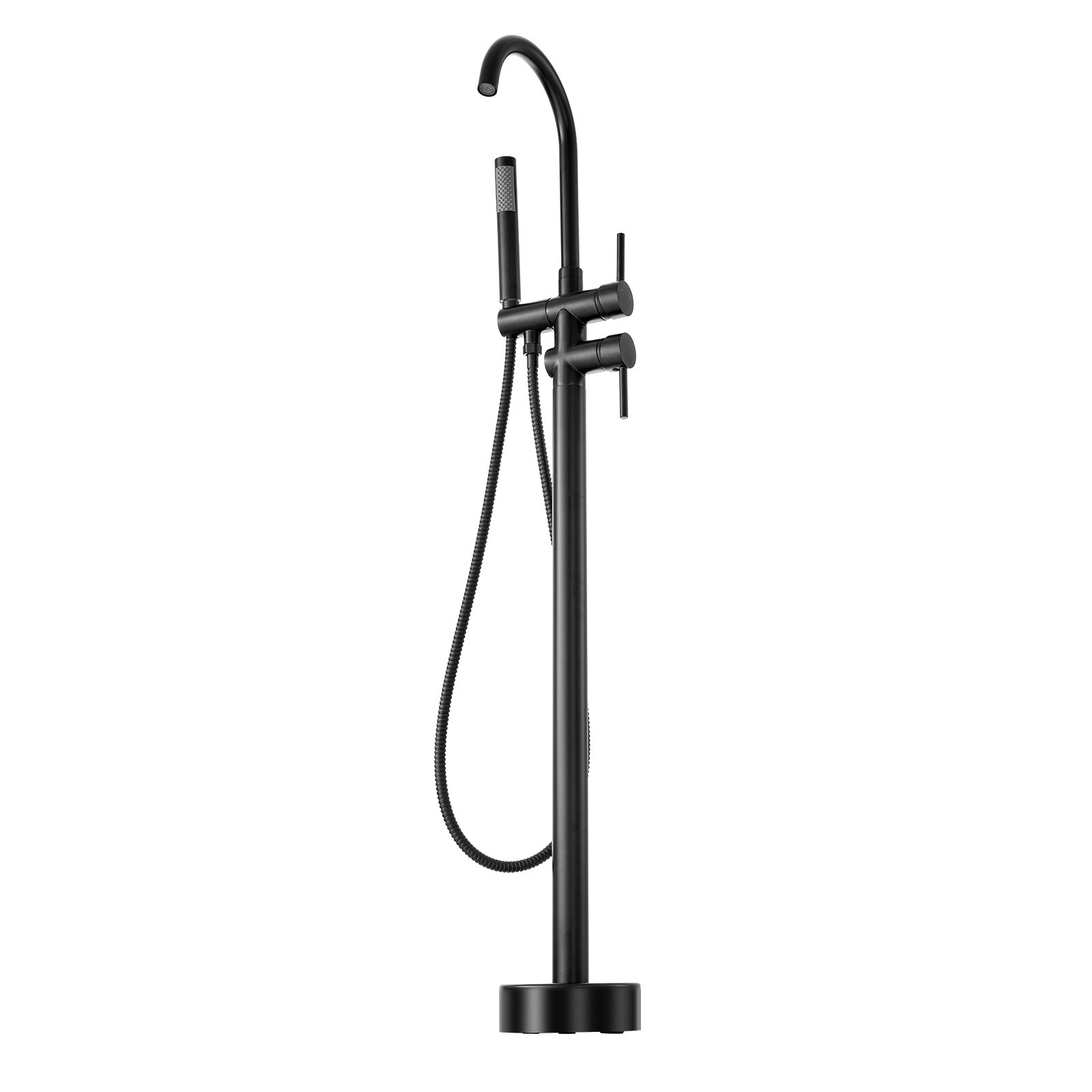 black VEVOR freestanding bathtub faucet with modern design and handheld shower attachment.
