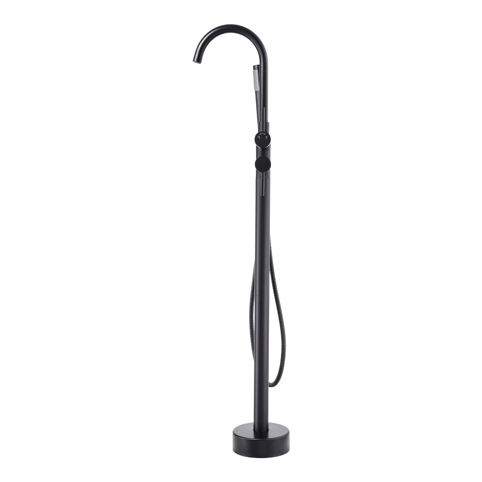 black VEVOR freestanding bathtub faucet with curved spout and handheld shower attachment.