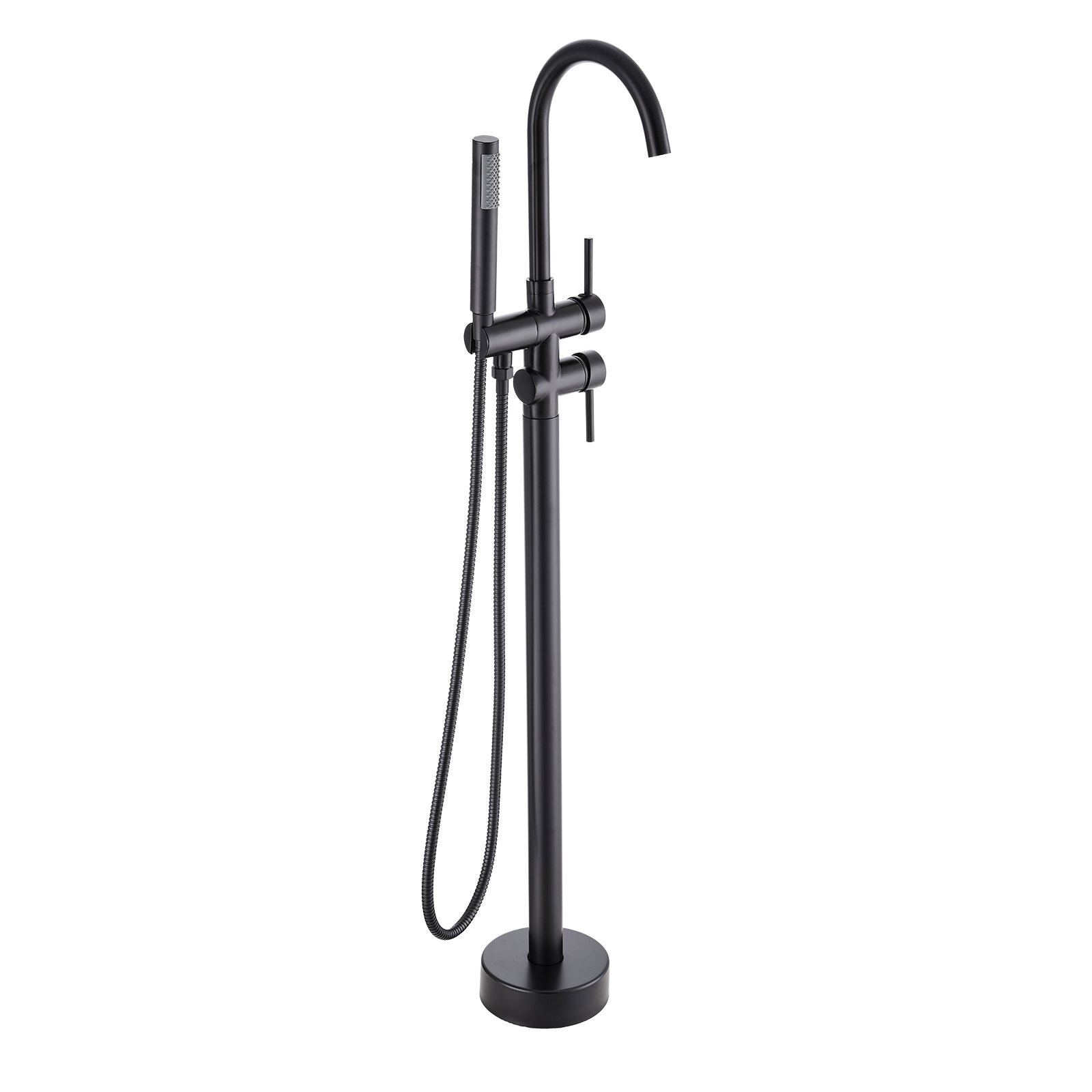 VEVOR freestanding bathtub faucet in matte black with hand shower and single-handle design.