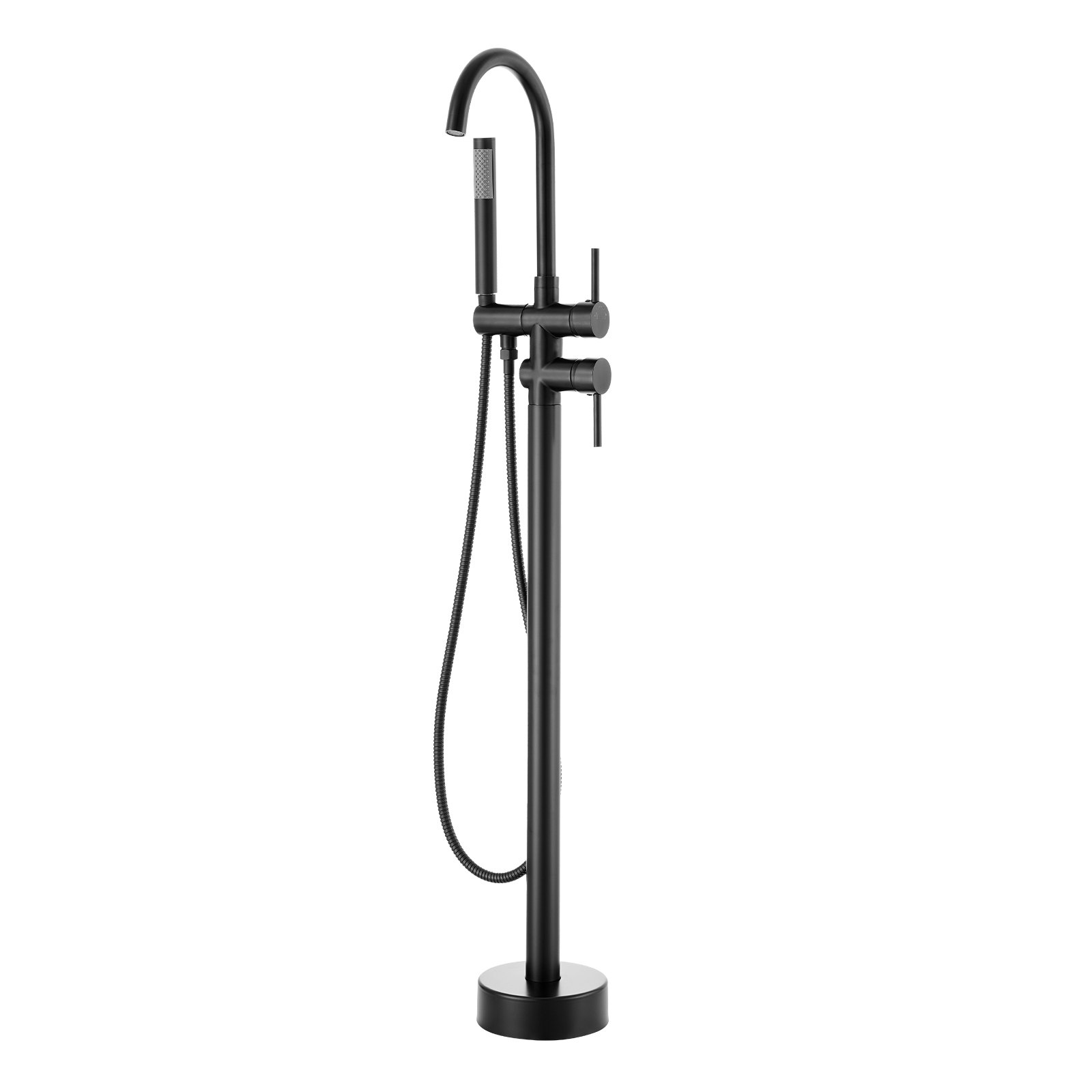 black VEVOR freestanding bathtub faucet with handheld showerhead and sleek modern design.