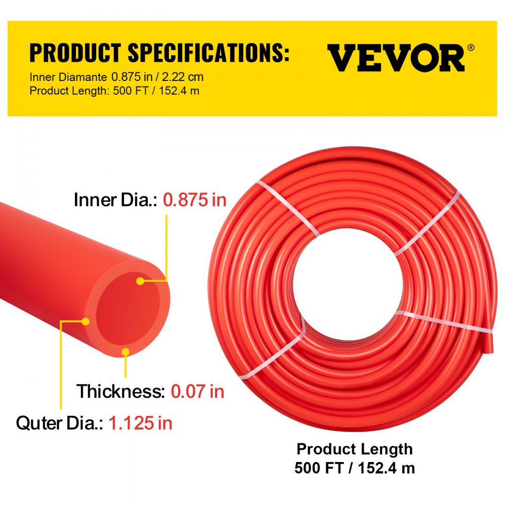 VEVOR PEX Pipe, 7/8 inch x 500 FT PEX Tubing, Non Oxygen Barrier Red PEX-B Pipe, Flexible PEX Water Line for RV Sewer Hose, Plumbing, Radiant Heating