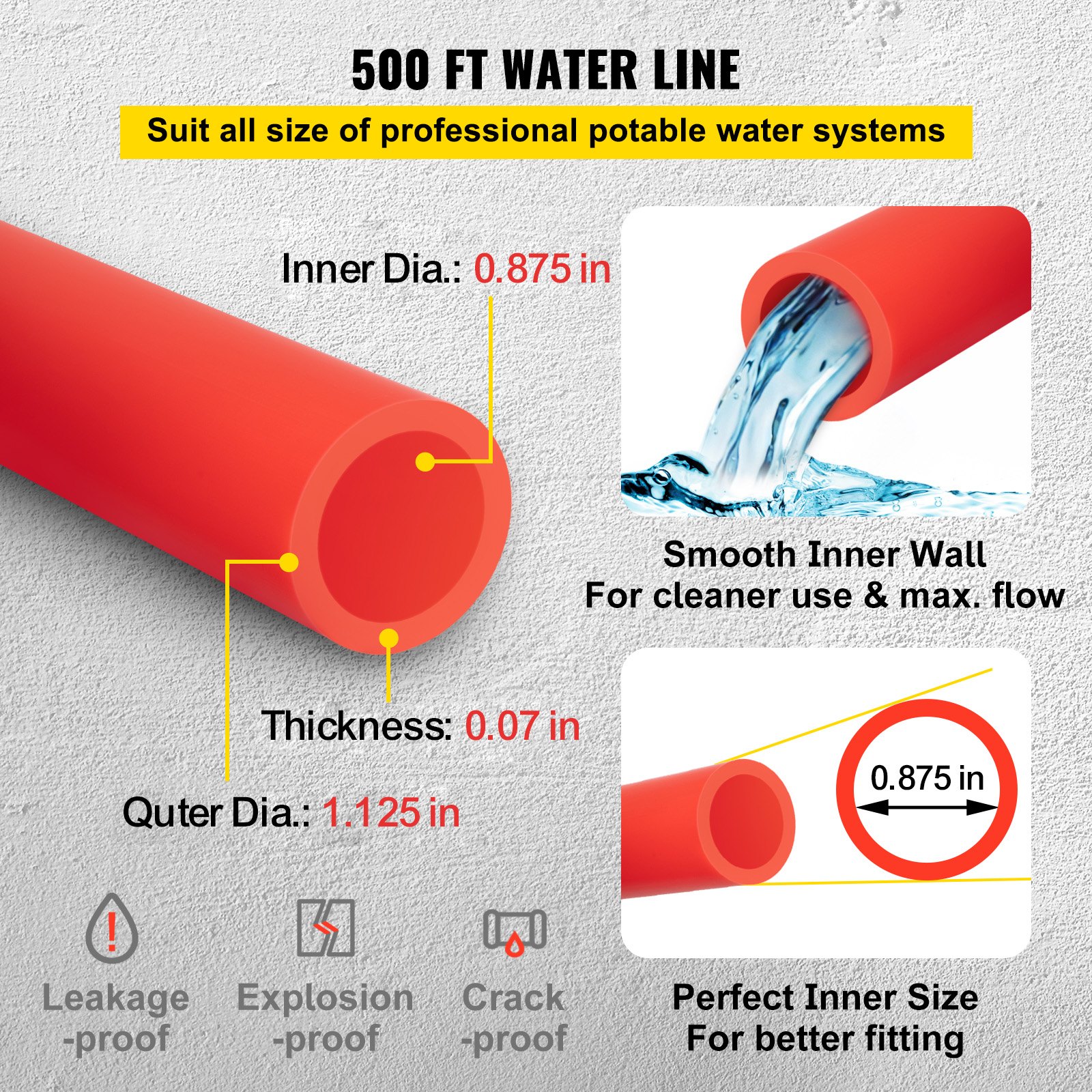 VEVOR PEX Pipe, 7/8 inch x 500 FT PEX Tubing, Non Oxygen Barrier Red PEX-B Pipe, Flexible PEX Water Line for RV Sewer Hose, Plumbing, Radiant Heating