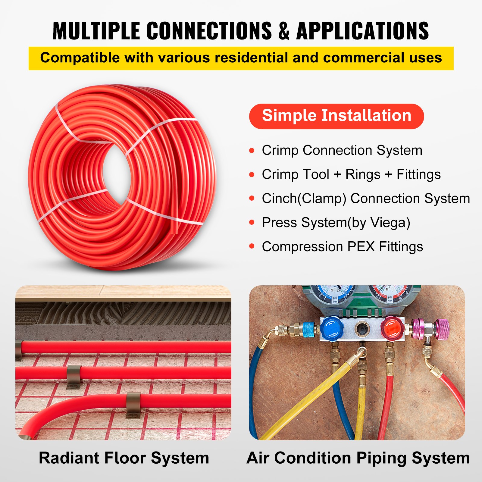 VEVOR PEX Pipe, 7/8 inch x 500 FT PEX Tubing, Non Oxygen Barrier Red PEX-B Pipe, Flexible PEX Water Line for RV Sewer Hose, Plumbing, Radiant Heating