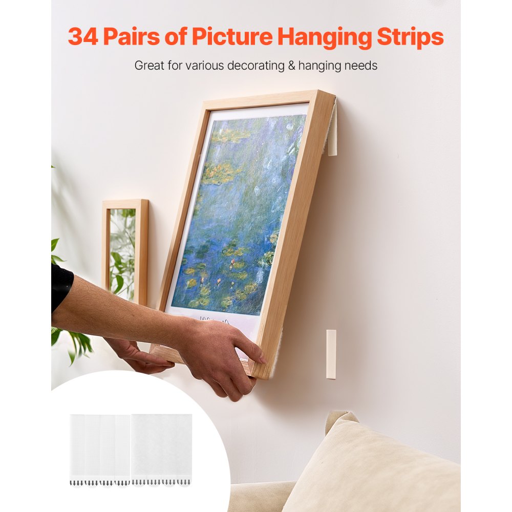 VEVOR Picture Hanging Strips, 34 Pairs, Large Picture Hangers with Removable Adhesive, Hook & Loop Strips, Wall Hanging Strips for Damage Free Picture Hanger, Mounting of Photos, Frames, Wall Decor