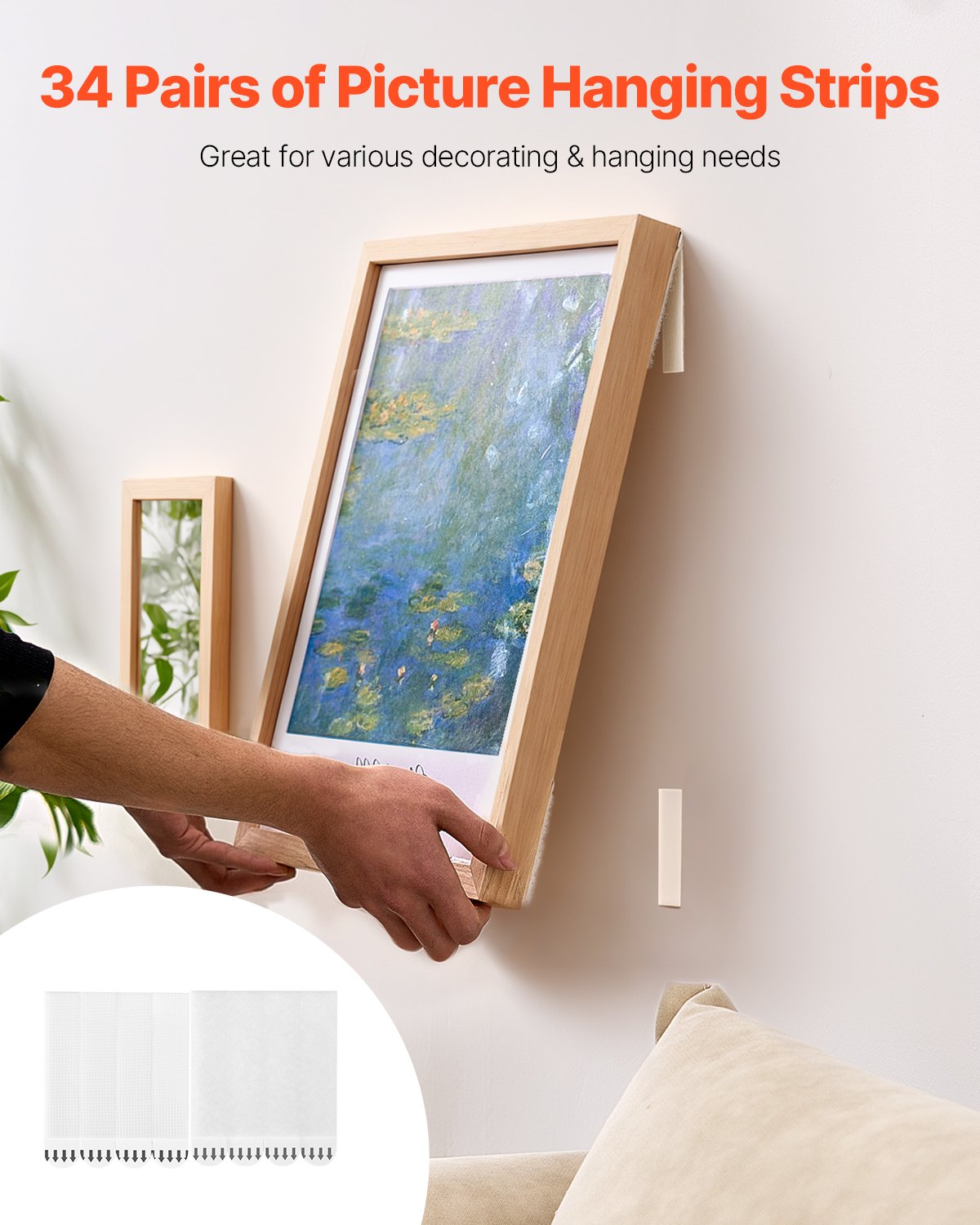 VEVOR Picture Hanging Strips, 34 Pairs, Large Picture Hangers with Removable Adhesive, Hook & Loop Strips, Wall Hanging Strips for Damage Free Picture Hanger, Mounting of Photos, Frames, Wall Decor