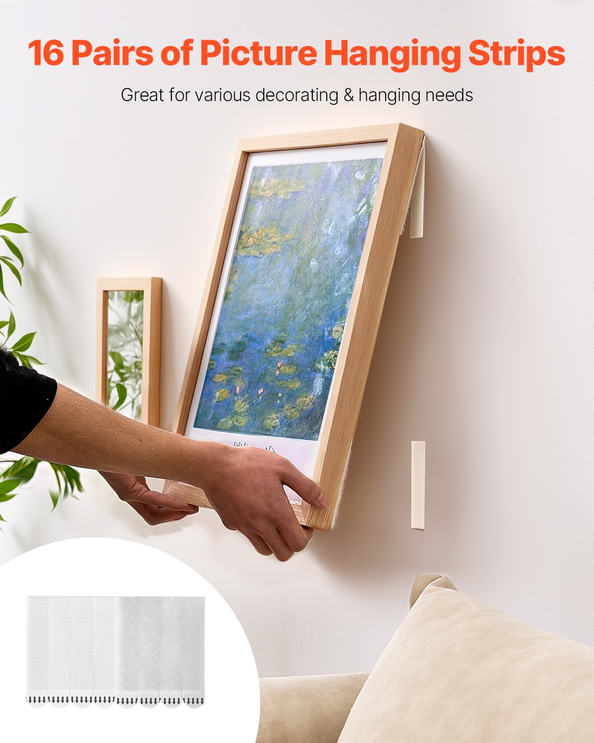 VEVOR Picture Hanging Strips, 16 Pairs, X-Large Picture Hangers with Removable Adhesive, Hook & Loop Strips, Wall Hanging Strips for Damage Free Picture Hanger, Mounting of Photos, Frames, Wall Decor