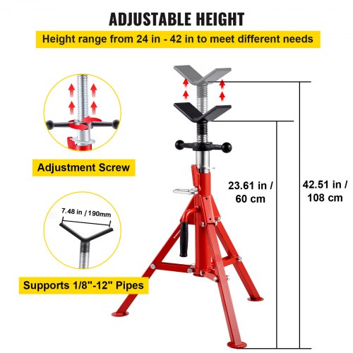 VEVOR V Head Pipe Stand 1/8"-12" Capacity, Adjustable Height 24"-42", Pipe Jack Stands 2500 lb. Load Capacity, Portable Folding Pipe Stands, Carbon Steel Body More Durable