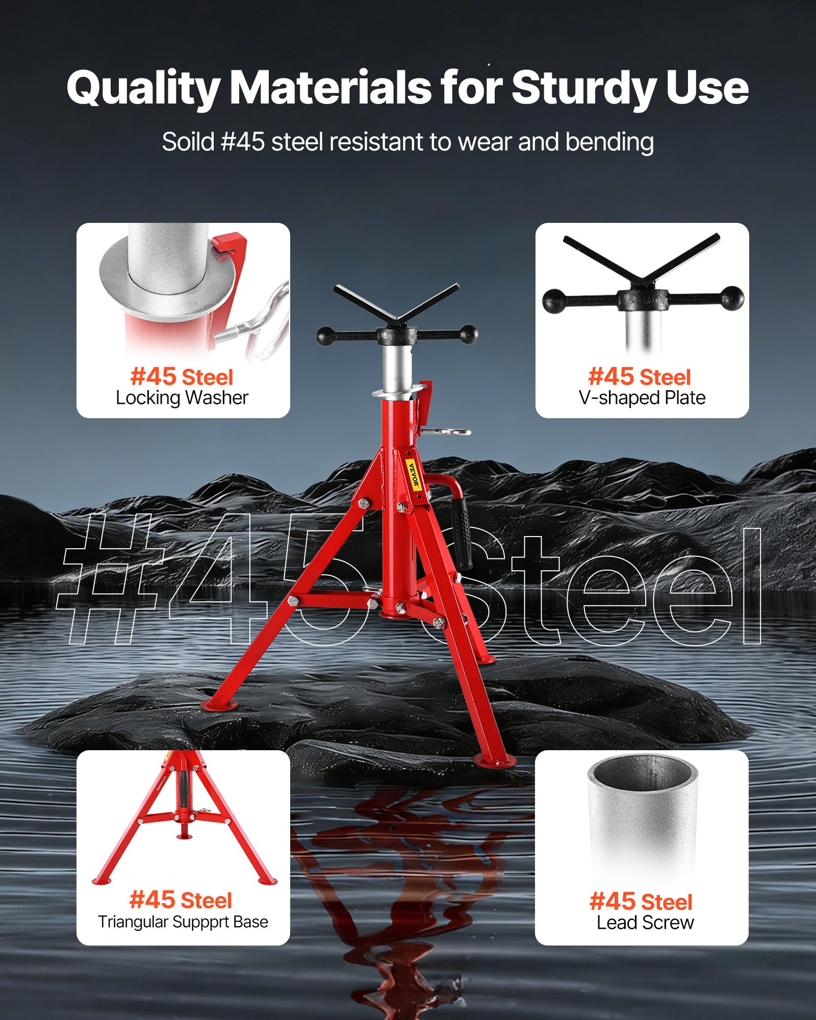 VEVOR V Head Pipe Stand 0.32 - 30.48 cm Capacity, Adjustable Height 610mm-1067mm, Pipe Jack Stands 1134kg Load Capacity, Portable Folding Pipe Stands, Carbon Steel Body for Enhanced Durability
