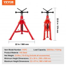 VEVOR V Head Pipe Stand 1/8\"-12\" Capacity,Adjustable Height 20\"-37\",Pipe Jack Stands 2500 lb. Load Capacity,Portable Folding Pipe Stands, Carbon Steel Body More Durable