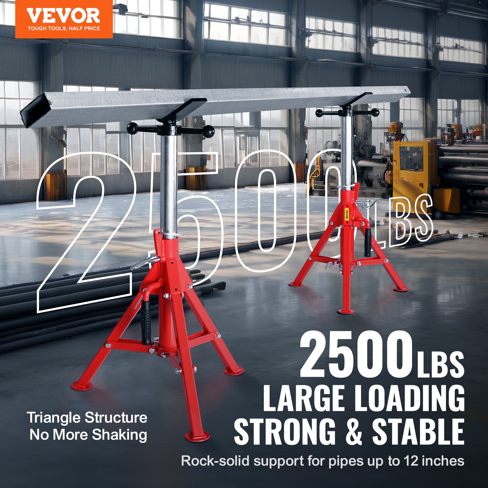 VEVOR pipe stand with 2500 lbs capacity, triangle structure, and stable support.