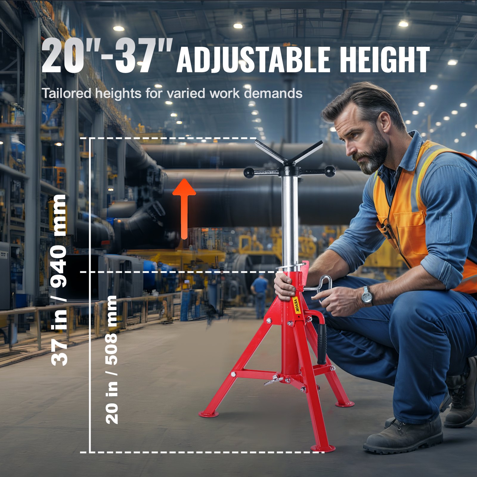 VEVOR pipe stand with adjustable height from 20&quot; to 37&quot; in an industrial setting.