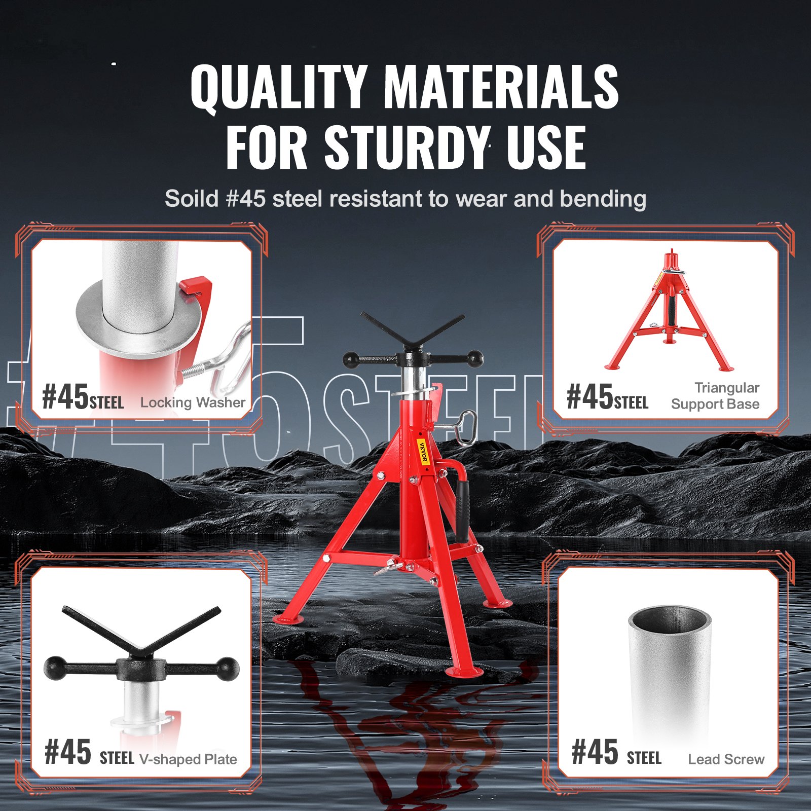 VEVOR pipe stand with red tripod base and #45 steel components for durability.