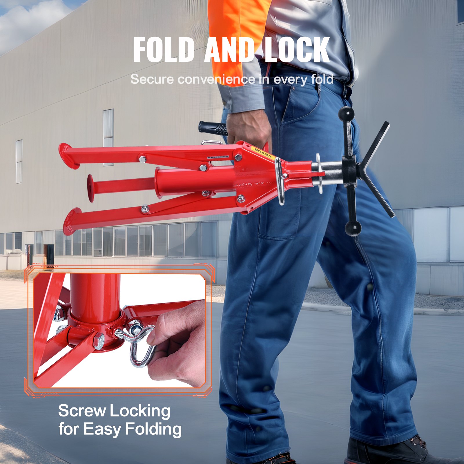 person carrying red VEVOR pipe stand with secure fold and lock mechanism.