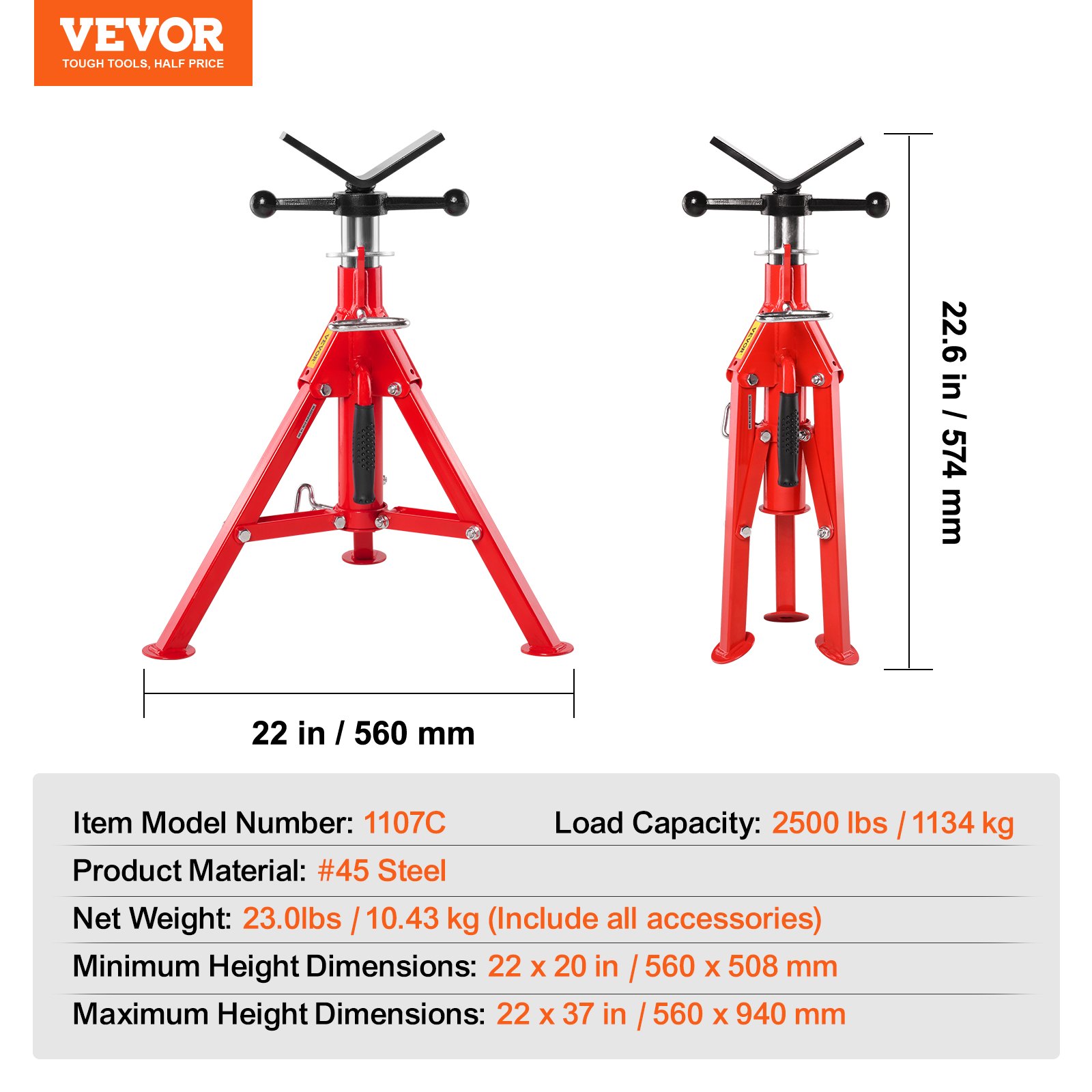 VEVOR pipe stand, model 1107c, red, 2500 lbs load, 22 x 20/37 in adjustable height.