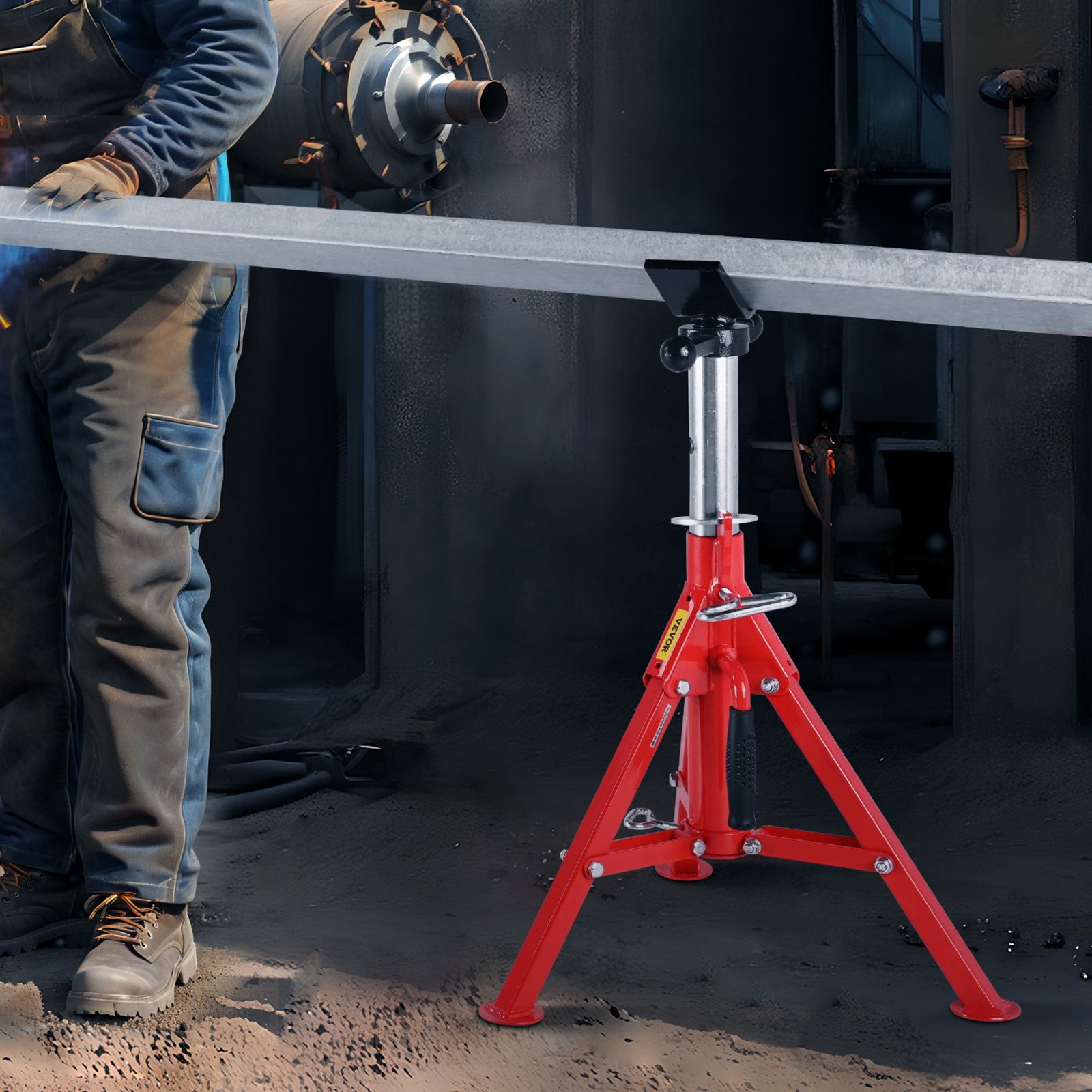 worker assembling metal pipe using VEVOR pipe stand in an industrial setting.