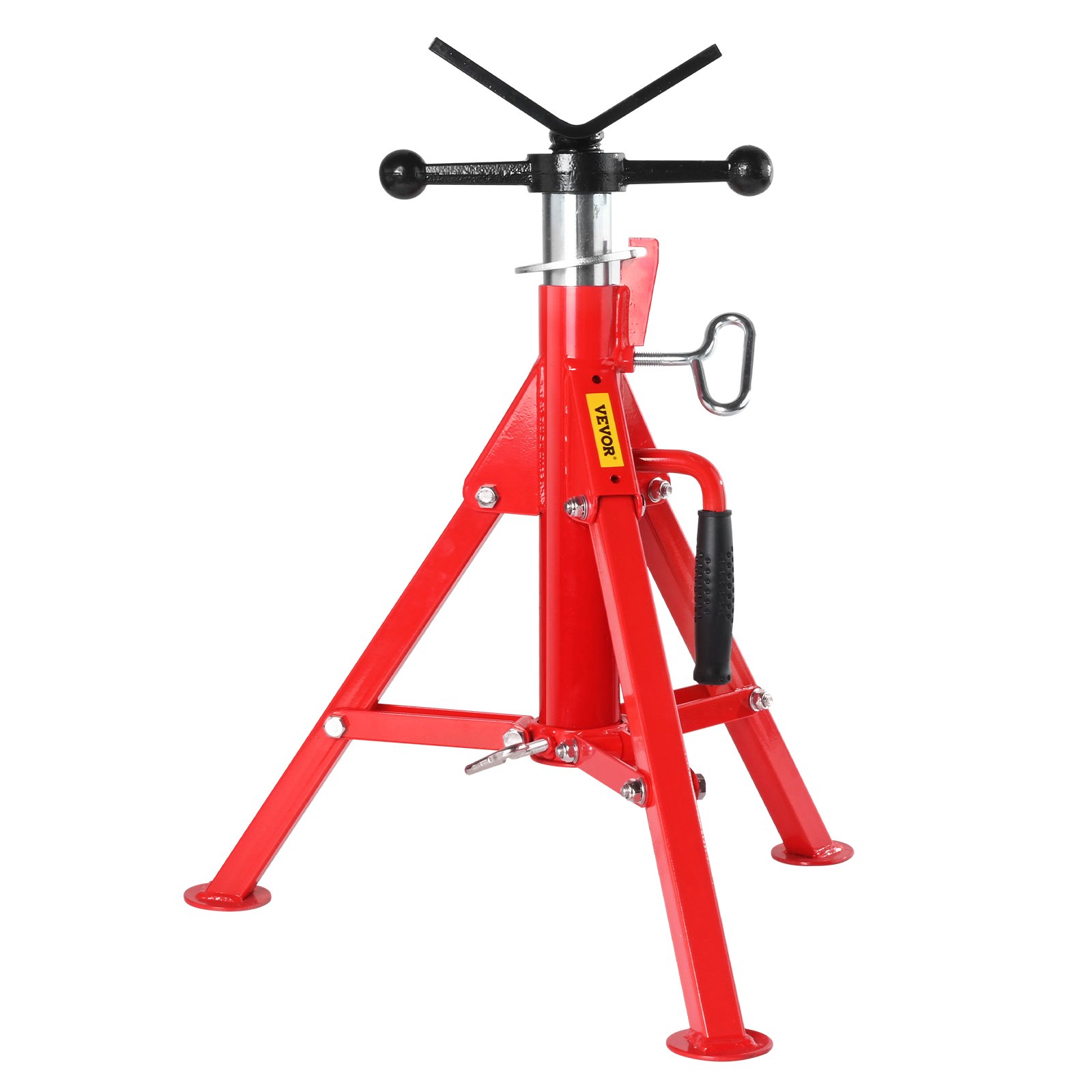 red VEVOR pipe stand with adjustable height and sturdy tripod base.
