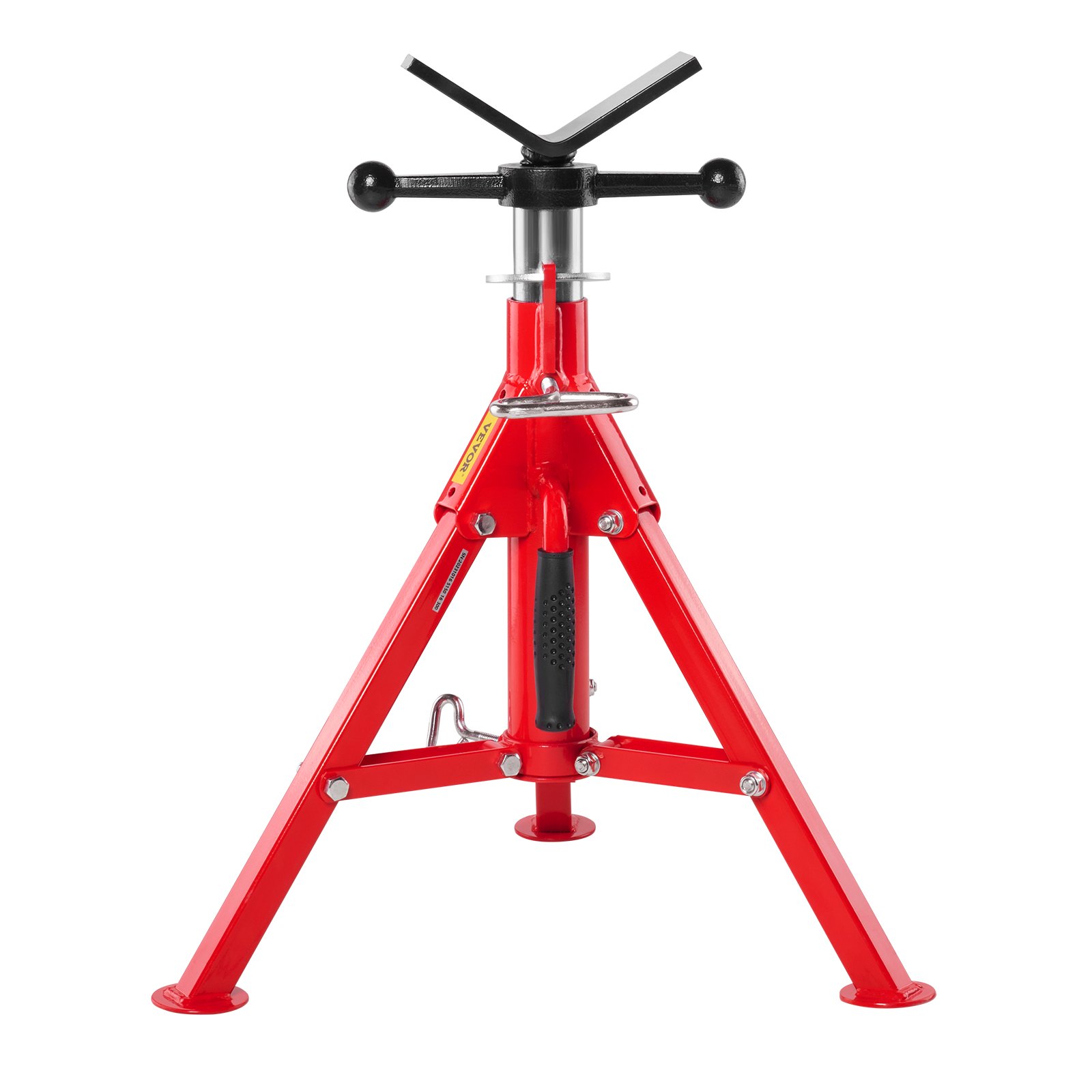 red VEVOR pipe stand with adjustable height and sturdy tripod base.