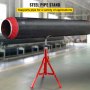 red steel pipe stand in an industrial setting supporting a large black pipe. VEVOR pipe stand.