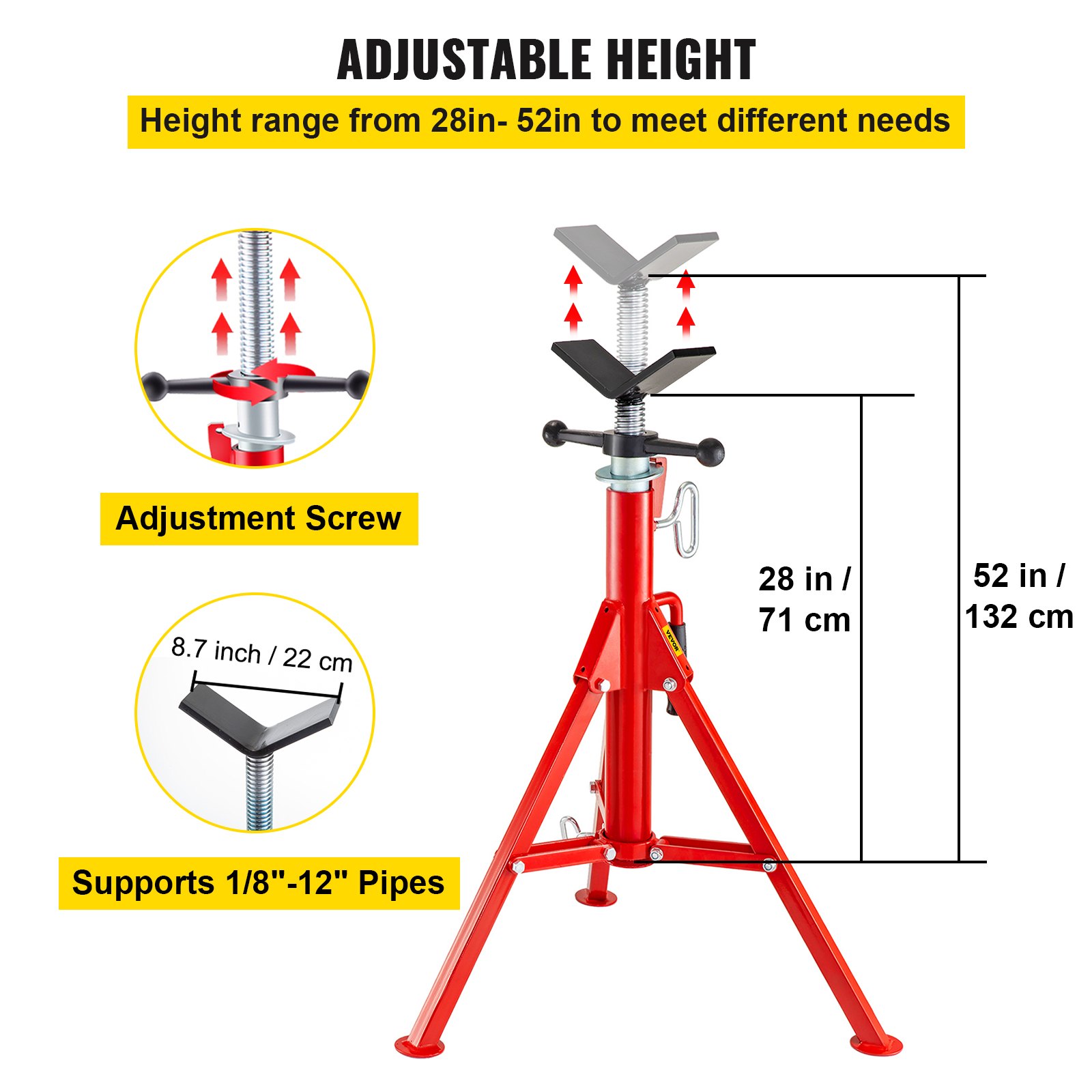 VEVOR pipe stand with adjustable height from 28in to 52in, supports 1/8&quot;-12&quot; pipes.