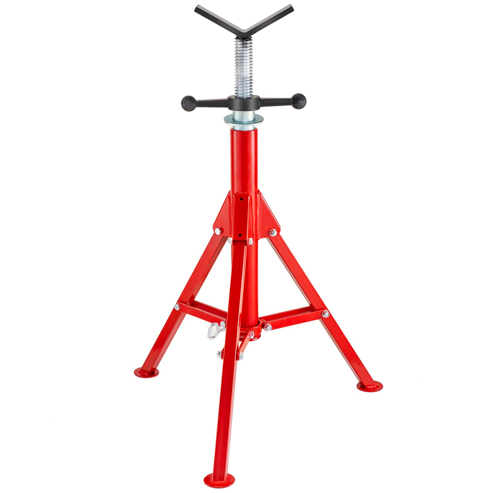 red VEVOR pipe stand with adjustable height and rubber v-head, sturdy tripod base