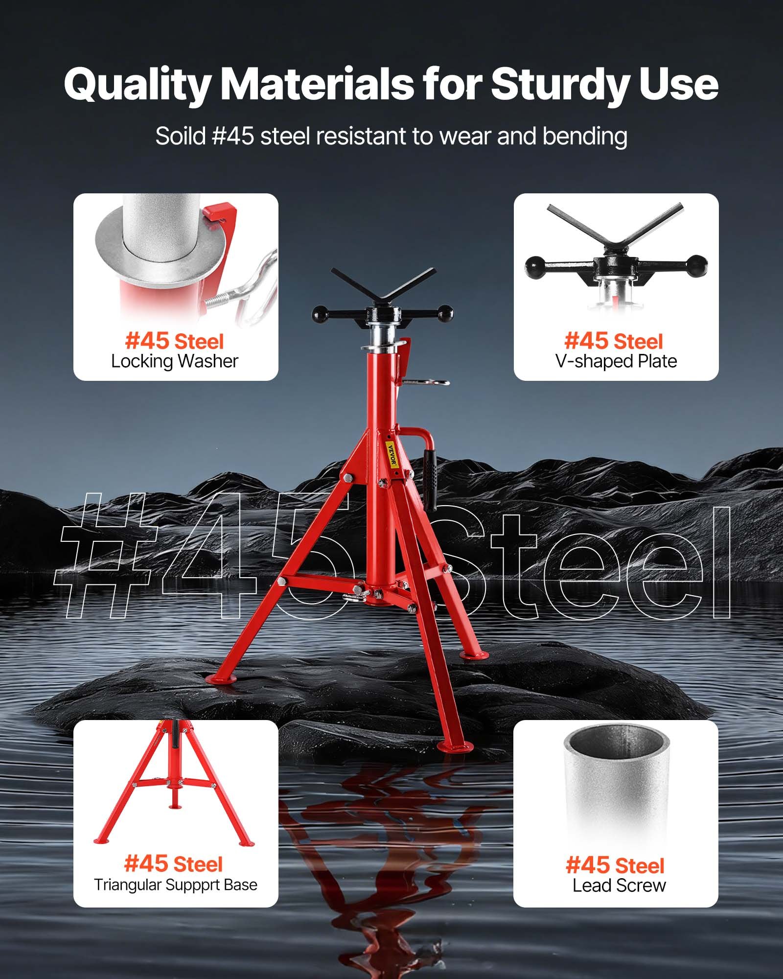 VEVOR V Head Pipe Stand 0.3-30.5 cm Capacity, Adjustable Height 71.1-132.1 cm, Pipe Jack Stands 1133.9 kg Load Capacity, Portable Folding Pipe Stands, Carbon Steel Body More Durable