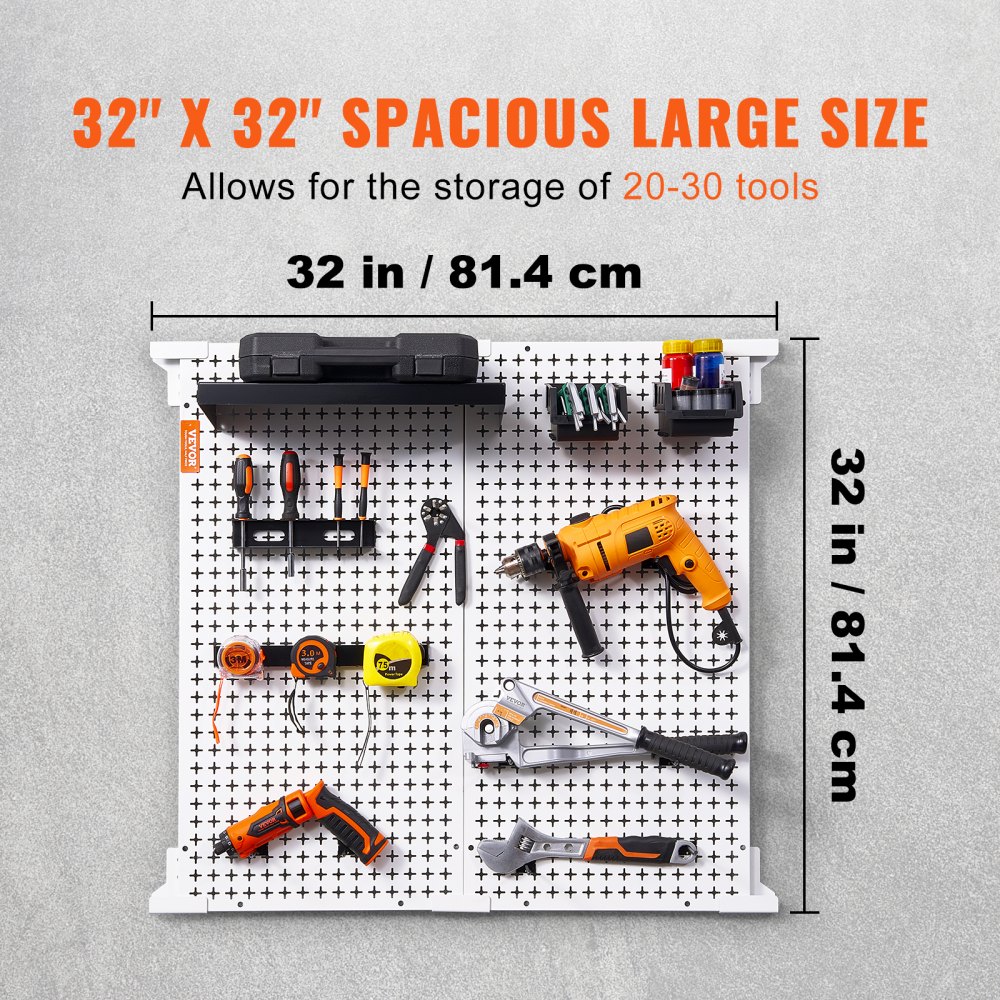 VEVOR nástěnný organizér na hrací desky 32" x 32", 330 LBS nástěnný kovový organizér do nakládací garáže, 25ks sada na uložení nářadí se 2 kolíčky, háčky, úložné koše, policové regály pro sklad v garáži