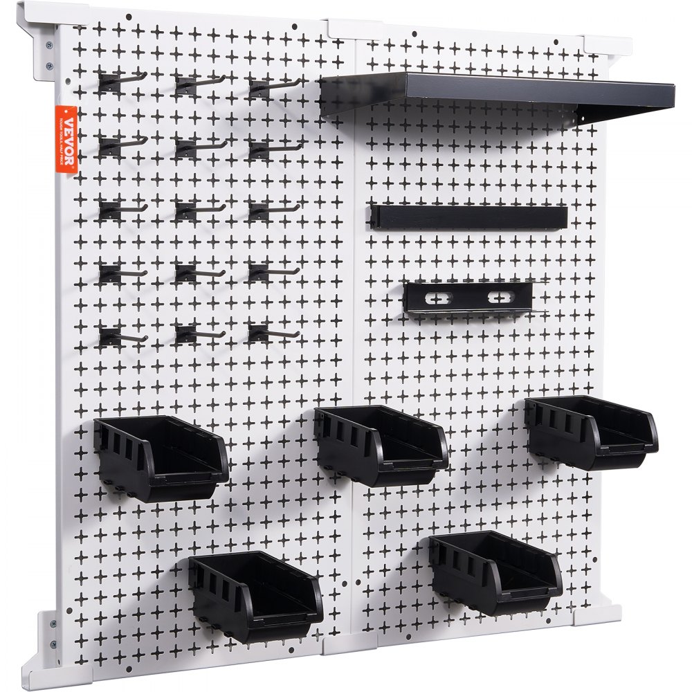 VEVOR nástěnný organizér na hrací desky 32" x 32", 330 LBS nástěnný kovový organizér do nakládací garáže, 25ks sada na uložení nářadí se 2 kolíčky, háčky, úložné koše, policové regály pro sklad v garáži