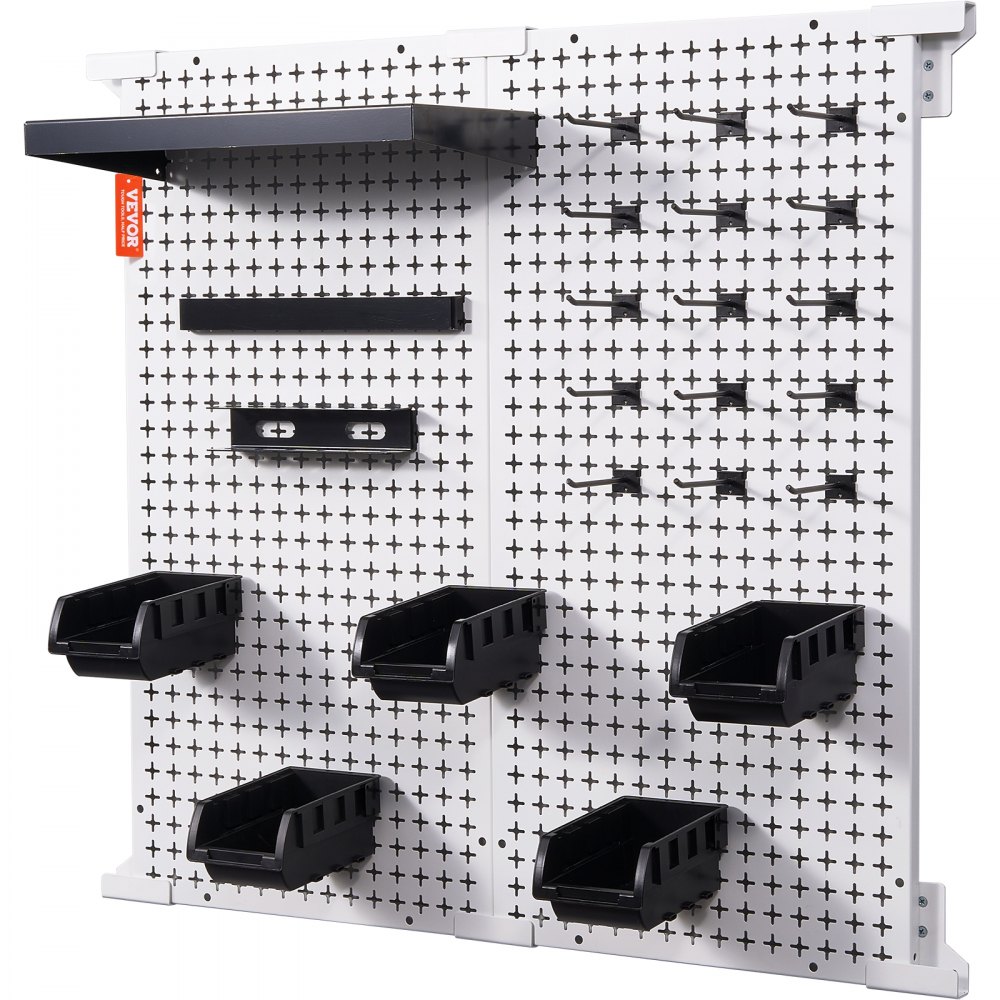 VEVOR nástěnný organizér na hrací desky 32" x 32", 330 LBS nástěnný kovový organizér do nakládací garáže, 25ks sada na uložení nářadí se 2 kolíčky, háčky, úložné koše, policové regály pro sklad v garáži