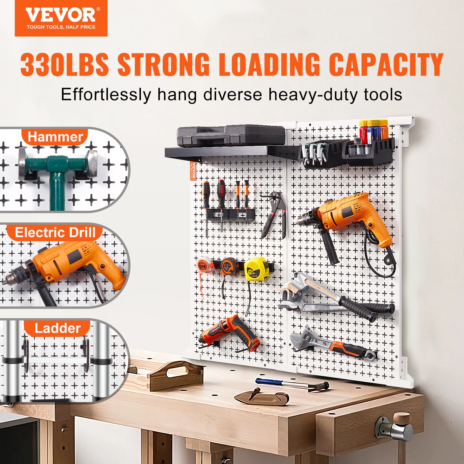 VEVOR nástěnný organizér na hrací desky 32" x 32", 330 LBS nástěnný kovový organizér do nakládací garáže, 25ks sada na uložení nářadí se 2 kolíčky, háčky, úložné koše, policové regály pro sklad v garáži