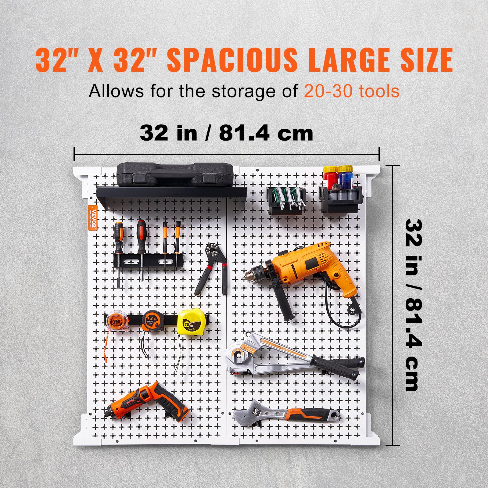 VEVOR nástěnný organizér na hrací desky 32" x 32", 330 LBS nástěnný kovový organizér do nakládací garáže, 25ks sada na uložení nářadí se 2 kolíčky, háčky, úložné koše, policové regály pro sklad v garáži