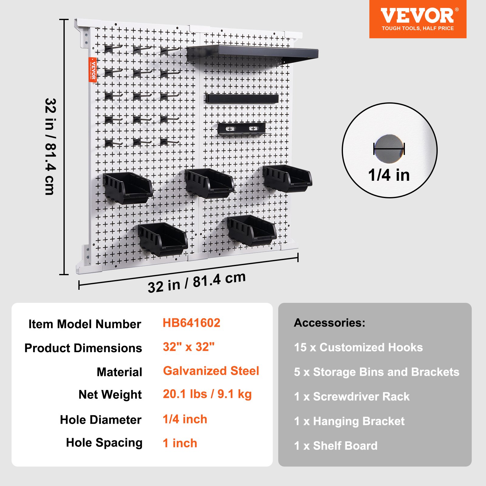 VEVOR nástěnný organizér na hrací desky 32" x 32", 330 LBS nástěnný kovový organizér do nakládací garáže, 25ks sada na uložení nářadí se 2 kolíčky, háčky, úložné koše, policové regály pro sklad v garáži