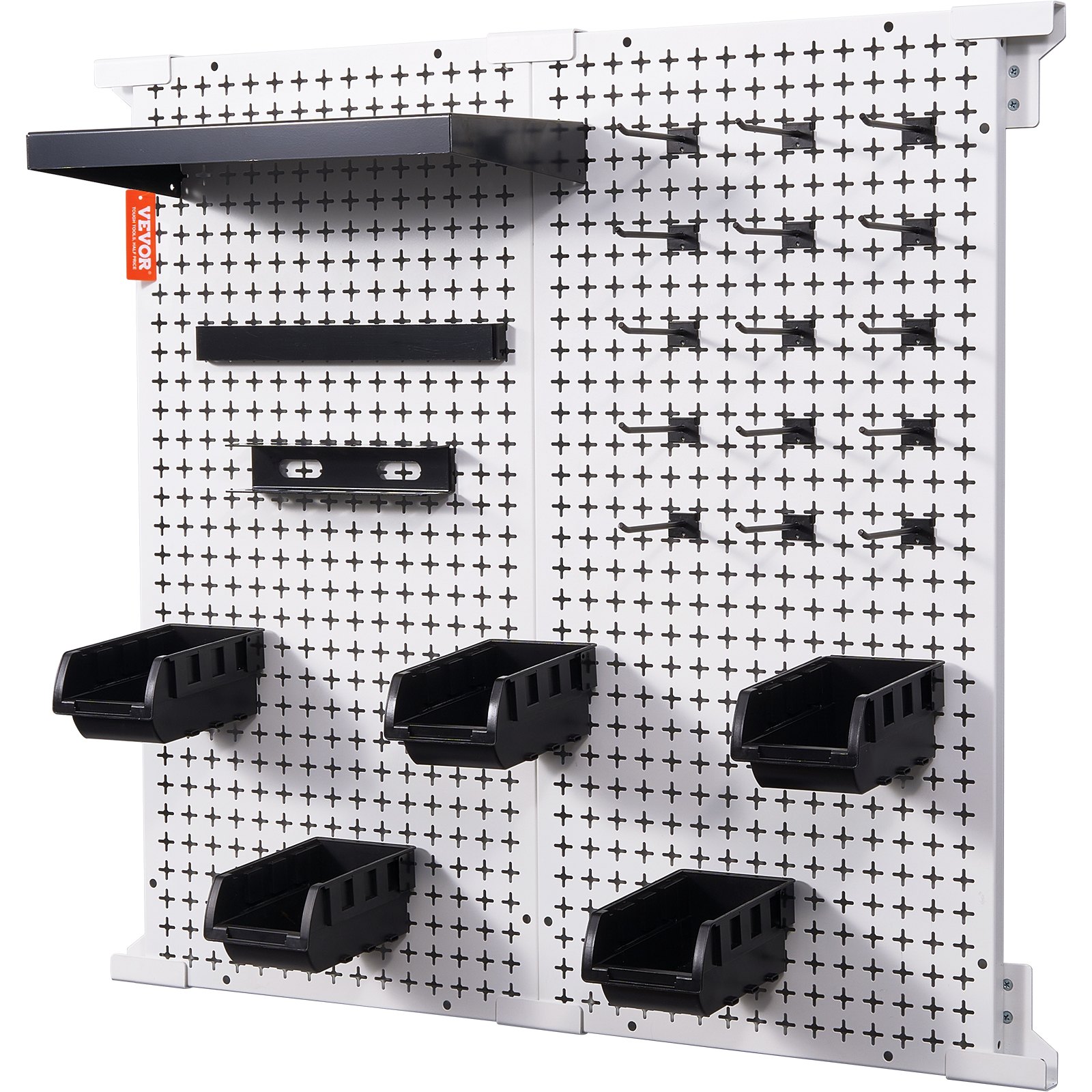 VEVOR nástěnný organizér na hrací desky 32" x 32", 330 LBS nástěnný kovový organizér do nakládací garáže, 25ks sada na uložení nářadí se 2 kolíčky, háčky, úložné koše, policové regály pro sklad v garáži